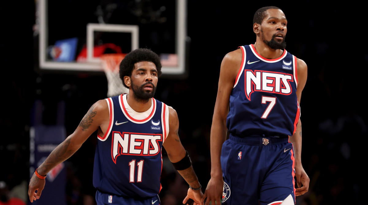 Nets players Kyrie Irving and Kevin Durant in a game in Brooklyn.